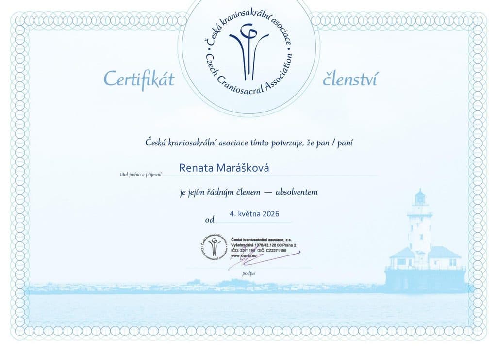 Certifikát členství — řádný člen a absolvent České kraniosakrální asociace