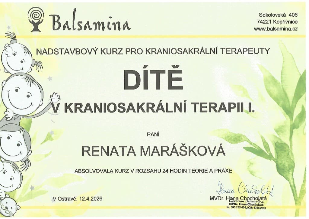 Osvědčení — Dítě v kraniosakrální terapii I. (24 hodin)