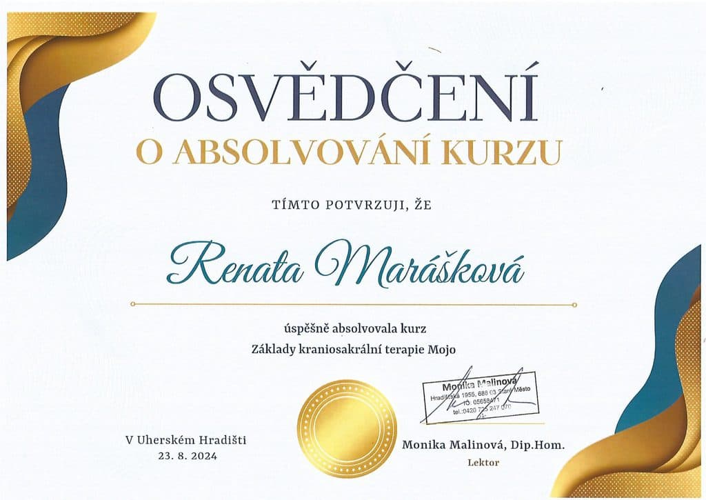 Osvědčení o absolvování kurzu — Základy kraniosakrální terapie Mojo (lektorka Monika Malinová)