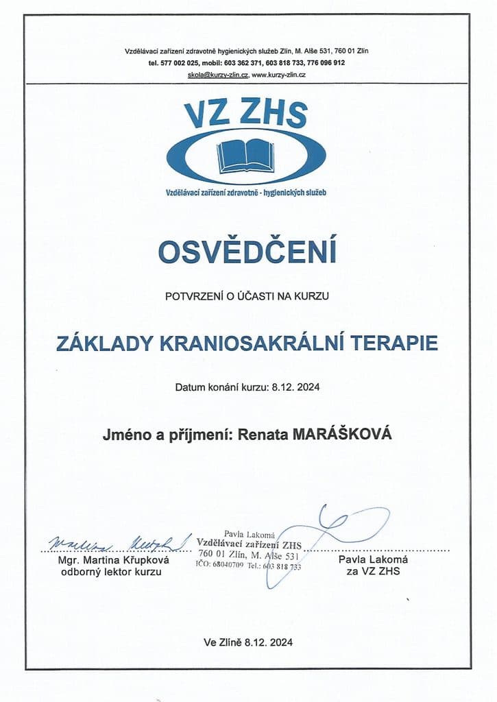 Osvědčení o účasti na kurzu — Základy kraniosakrální terapie (VZ ZHS Zlín)