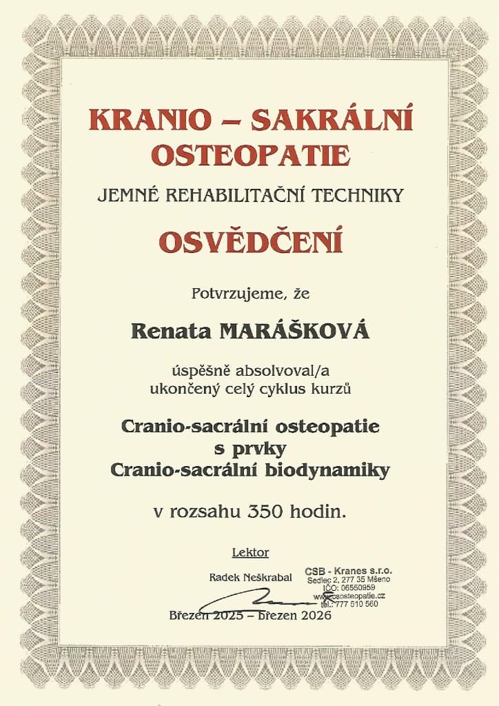 Osvědčení — Cranio-sacrální osteopatie s prvky Cranio-sacrální biodynamiky (350 hodin)